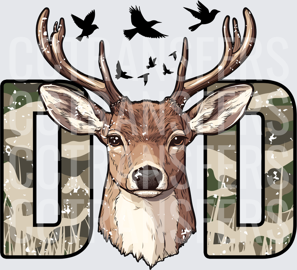 DAD Camo Deer Buck Head Silhouette Birds (DTF)