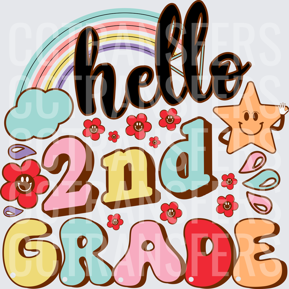 Hello 2nd Grade Retro Rainbow Star Floral Design (DTF)