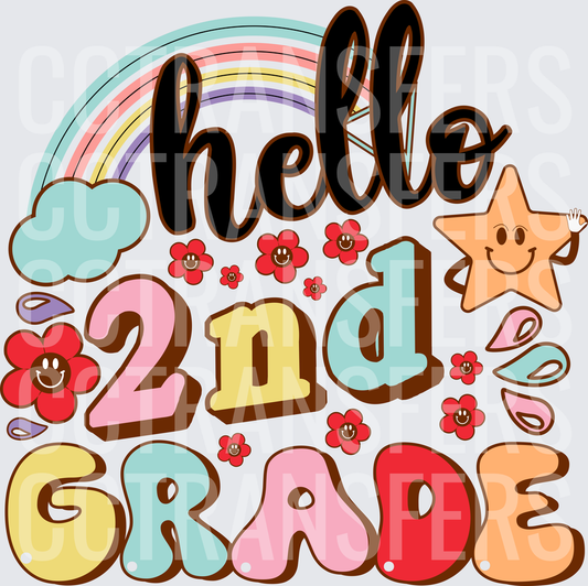 Hello 2nd Grade Retro Rainbow Star Floral Design (DTF)