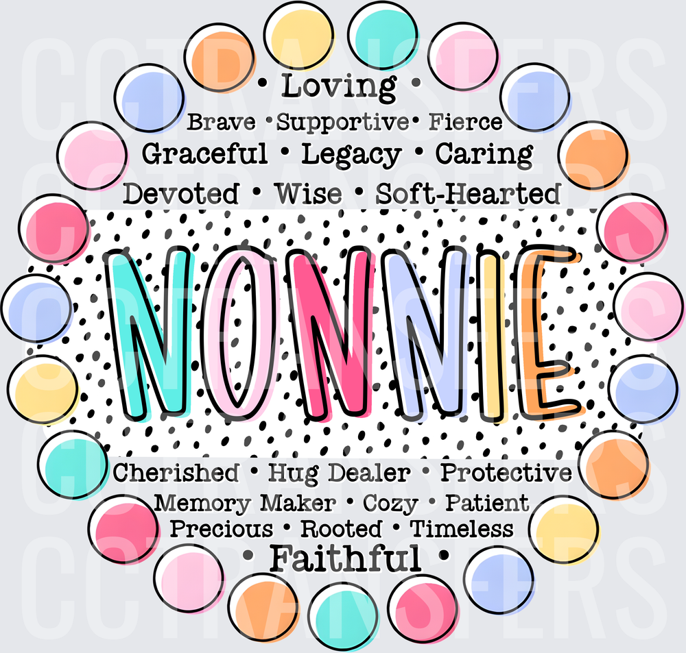 Nonnie Word Art Colorful Polka Dot Circle Design (DTF)