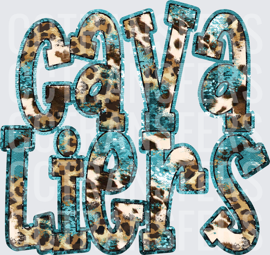 Cavaliers Teal Sequin Leopard Print Bold Letters (DTF)