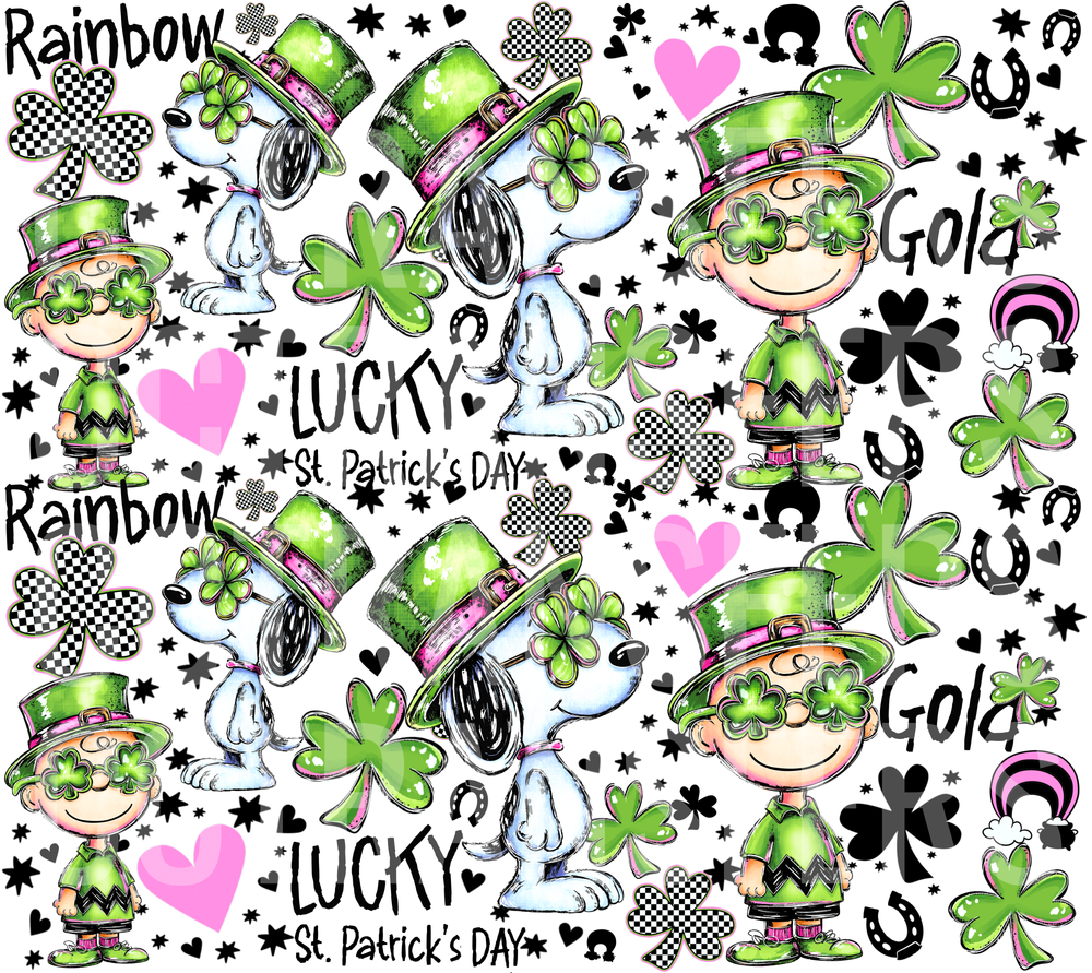 Lucky St. Patrick's Day Cartoon Dog & Boy Shamrock Pattern (DTF)