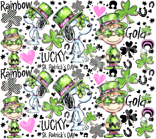 Lucky St. Patrick's Day Cartoon Dog & Boy Shamrock Pattern (DTF)
