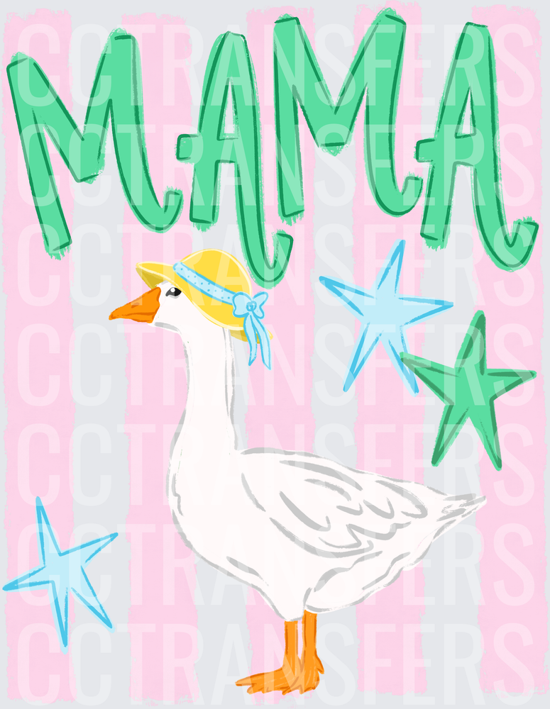 Mama White Goose Yellow Bonnet Stars Pink Stripes (DTF)