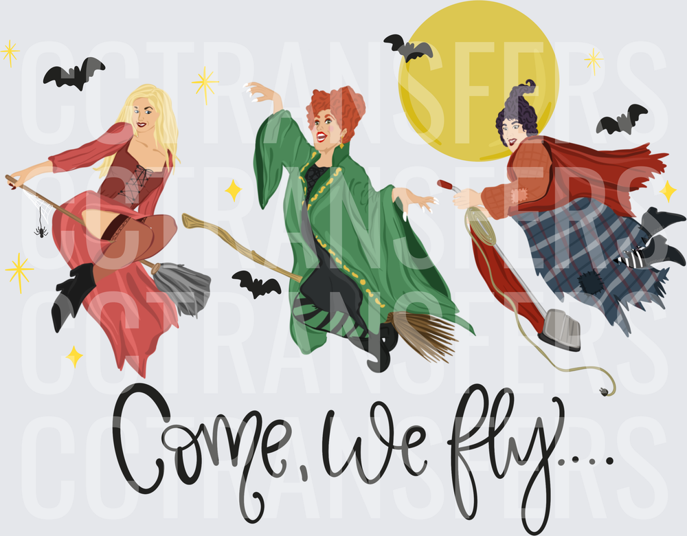 Come We Fly Three Witches Flying Brooms Full Moon Bats (DTF)