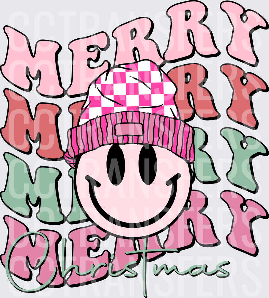 Merry Merry Merry Christmas Smiley Face Checkered Beanie (DTF)