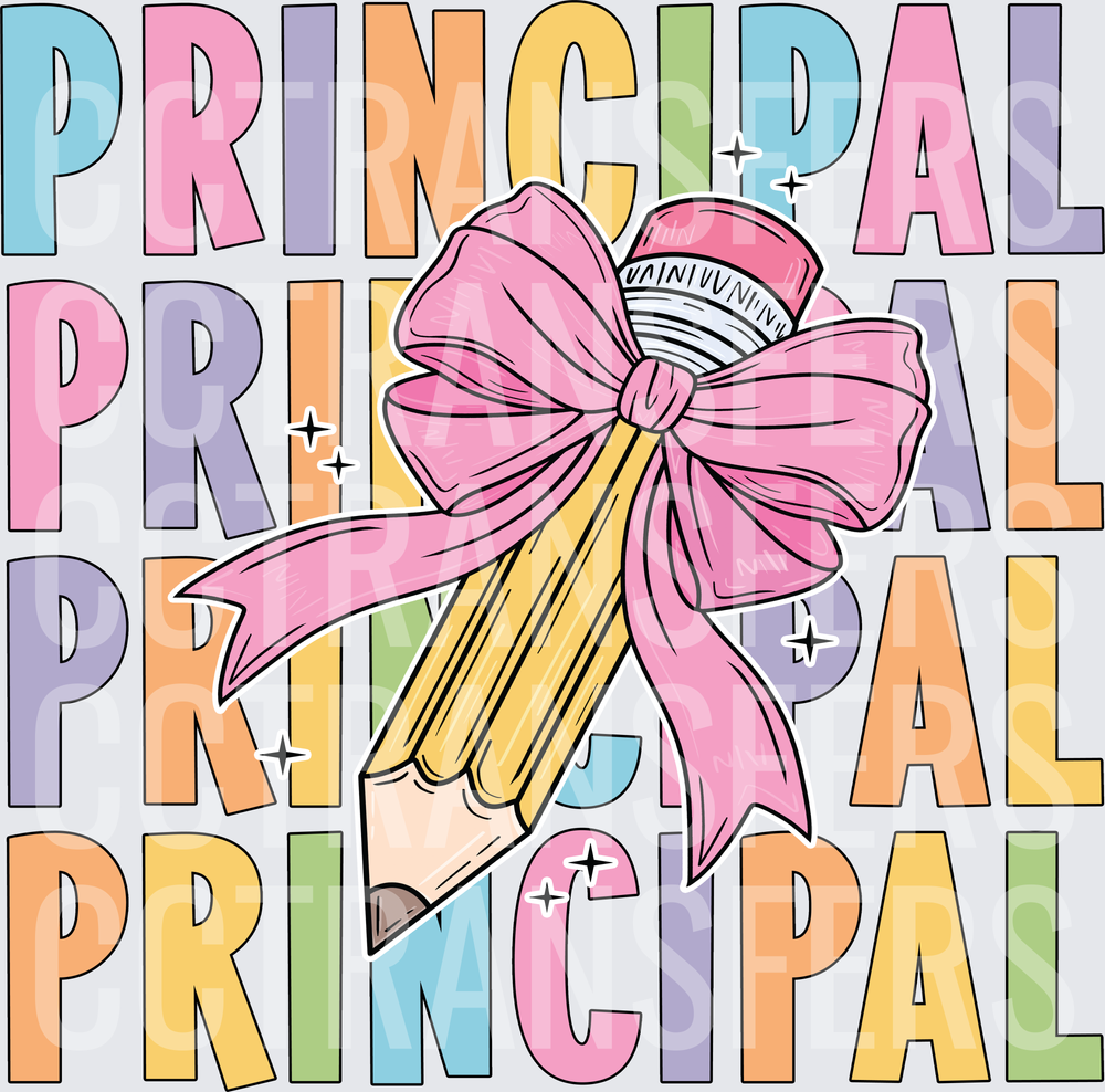 Colorful Stacked Principal Text Pencil With Pink Bow (DTF)