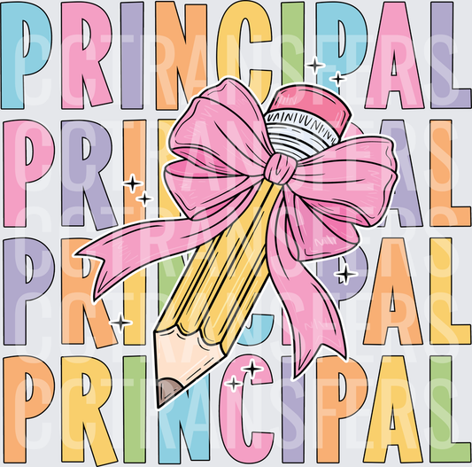 Colorful Stacked Principal Text Pencil With Pink Bow (DTF)
