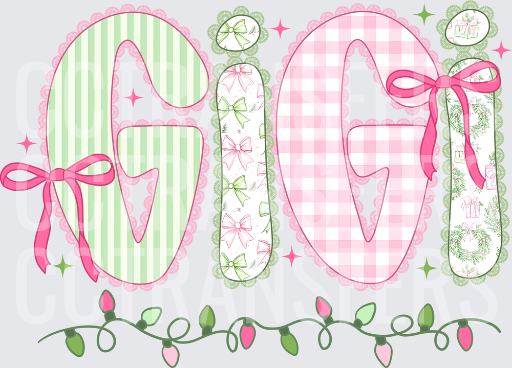 Gigi Christmas Coquette Pink Green Bows Lace Lights (DTF)