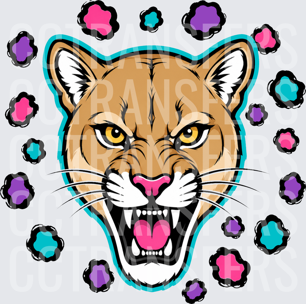 Fierce Roaring Cougar Head with Colorful Paw Prints (DTF)
