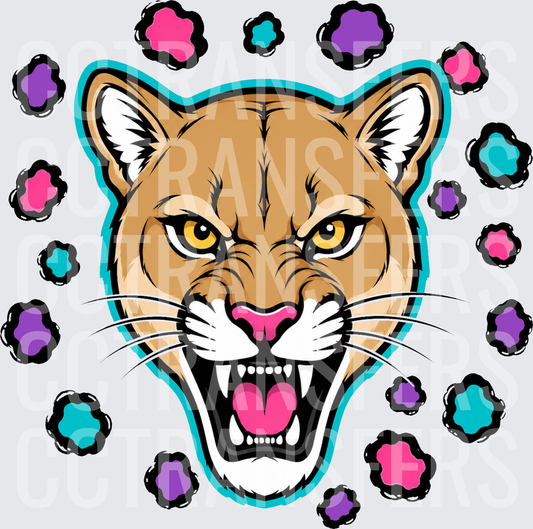 Fierce Roaring Cougar Head with Colorful Paw Prints (DTF)