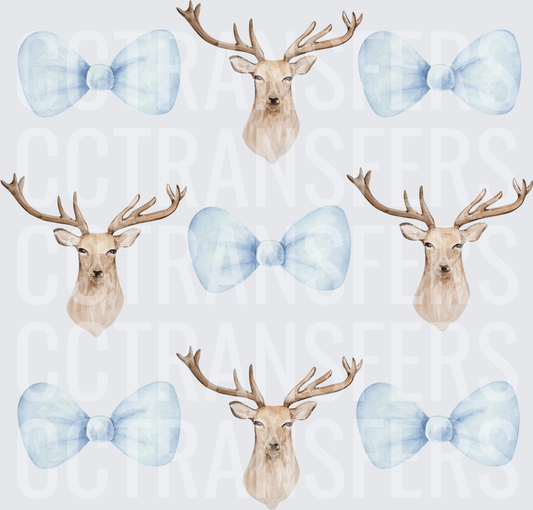 Watercolor Deer Heads and Blue Bow Ties Pattern (DTF)