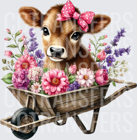 Cute Baby Calf Pink Bow Floral Wheelbarrow (DTF)