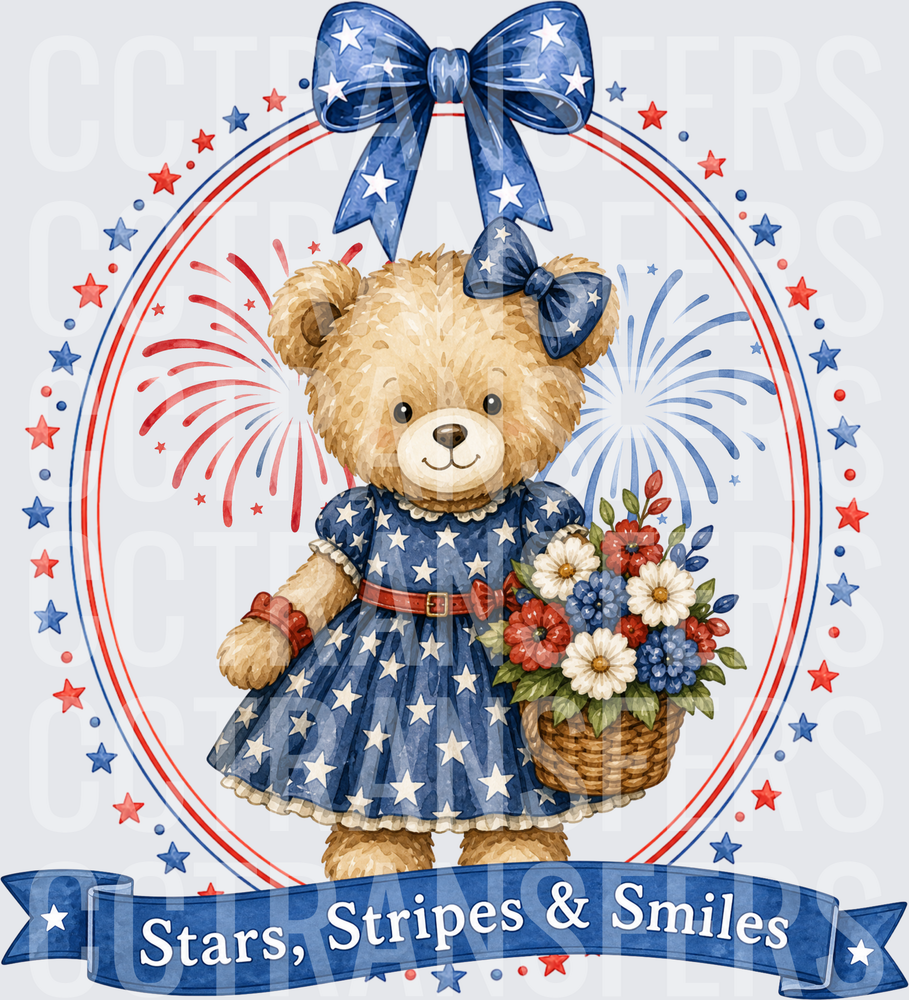 Stars Stripes & Smiles Patriotic Bear with Flowers (DTF)