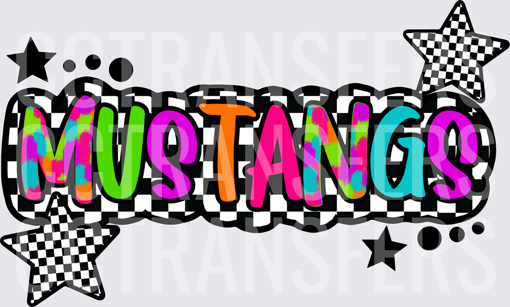 Mustangs Checkered Stars Neon Tie-Dye Bold Text (DTF)