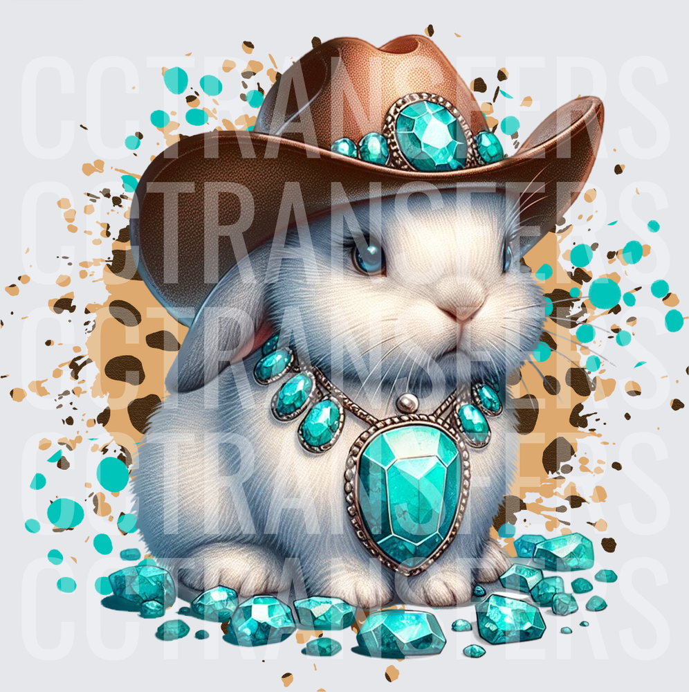 Cute White Bunny Cowboy Hat Turquoise Gems Western (DTF)