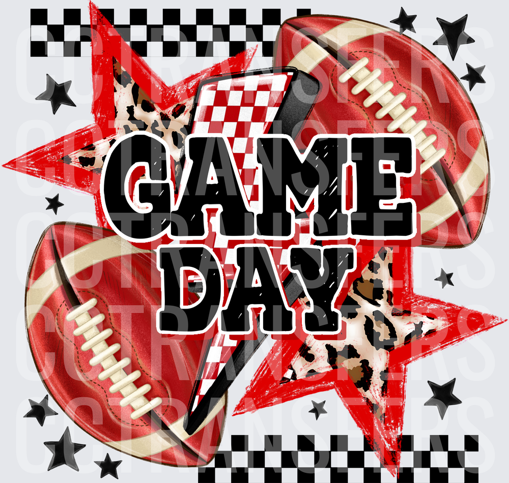 Game Day Red Football Leopard Checkered Stars (DTF)