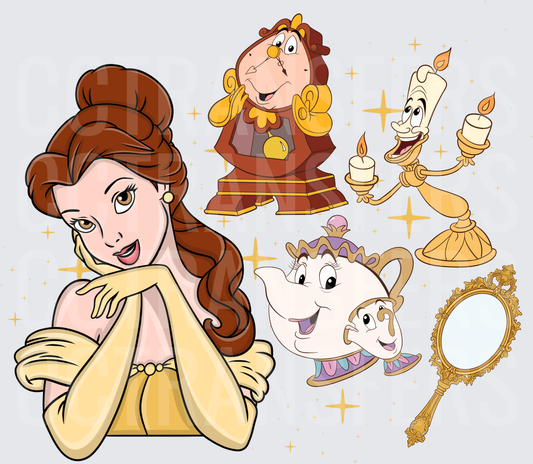 Enchanted Princess Clock Candle Teapot Mirror Bundle (DTF)