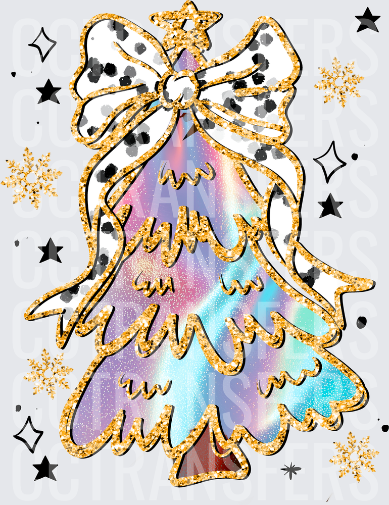 Holographic Christmas Tree Gold Glitter Bow Star (DTF)