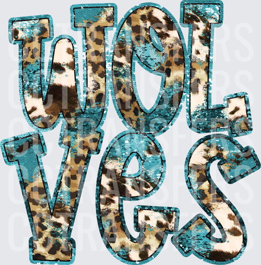 Wolves Teal Sequin Leopard Cowhide Patch Letters (DTF)