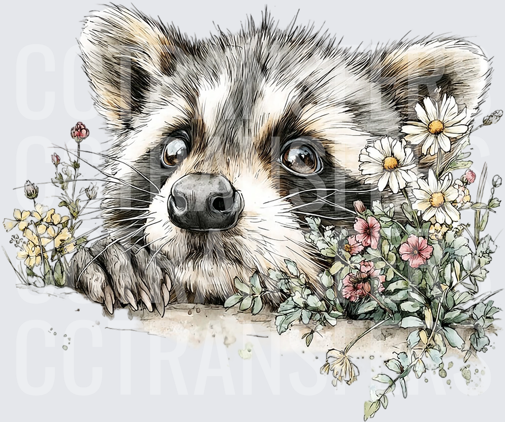 Cute Baby Raccoon Peeking Through Wildflowers (DTF)