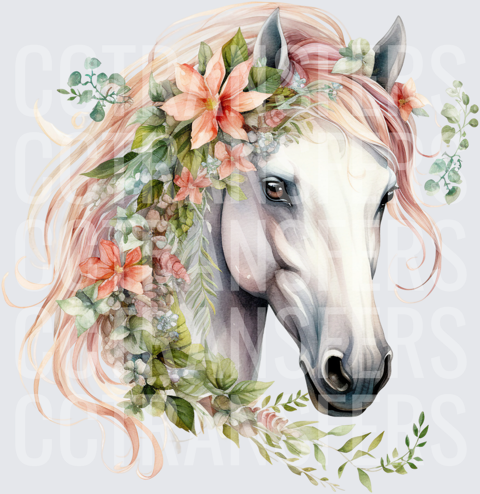 Watercolor White Horse with Floral Mane and Greenery (DTF)