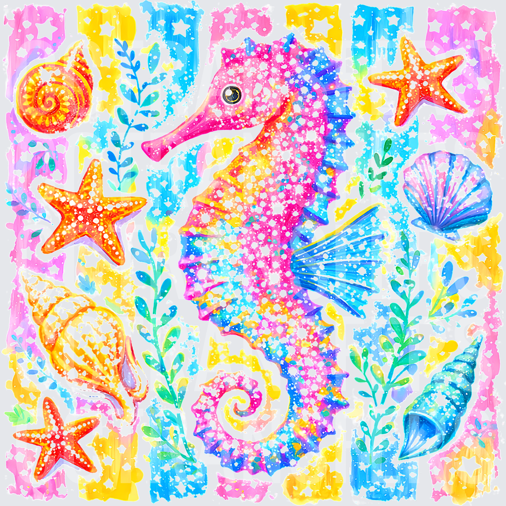 Colorful Glitter Seahorse Ocean Sea Life Collage (DTF)