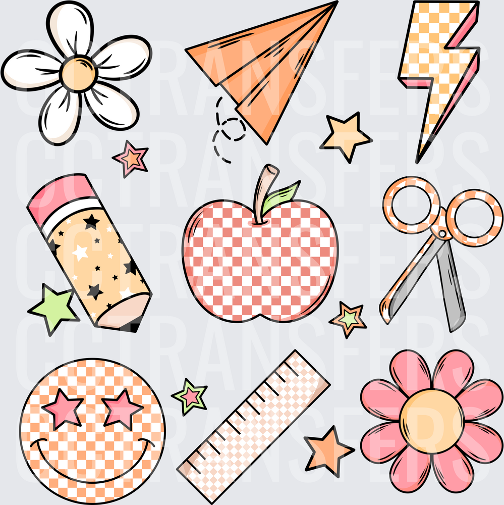 Retro Checkered Back to School Supplies Clipart Set (DTF)