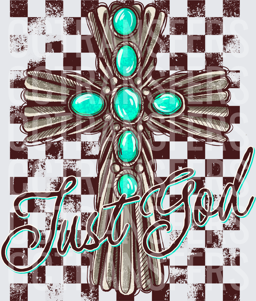 Just God Turquoise Gemstone Cross Checkered Background (DTF)