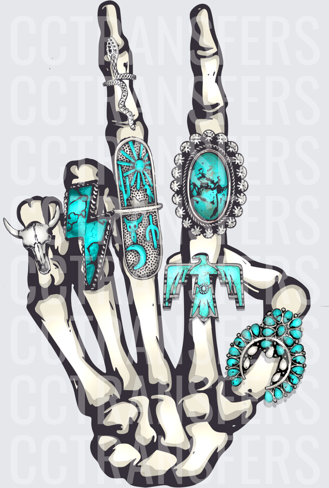 Skeleton Hand Rock Sign Turquoise Southwest Rings (DTF)