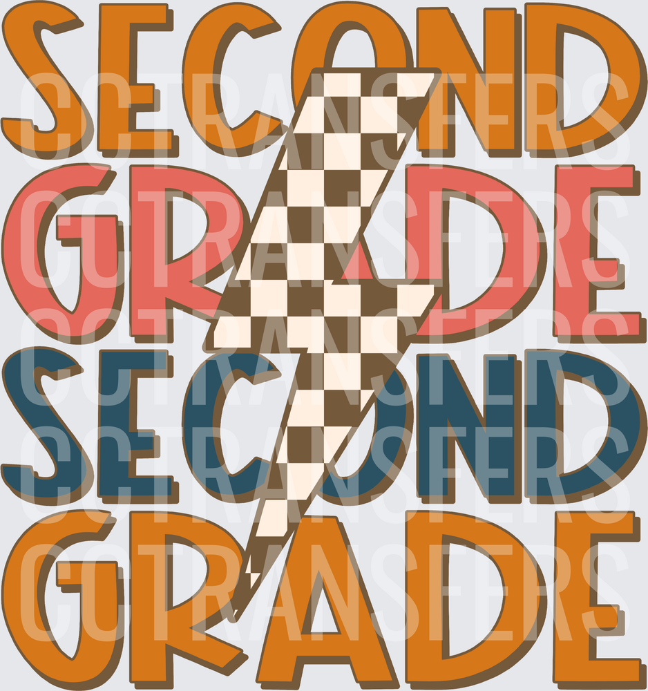 Second Grade Stacked Text Checkered Lightning Bolt (DTF)