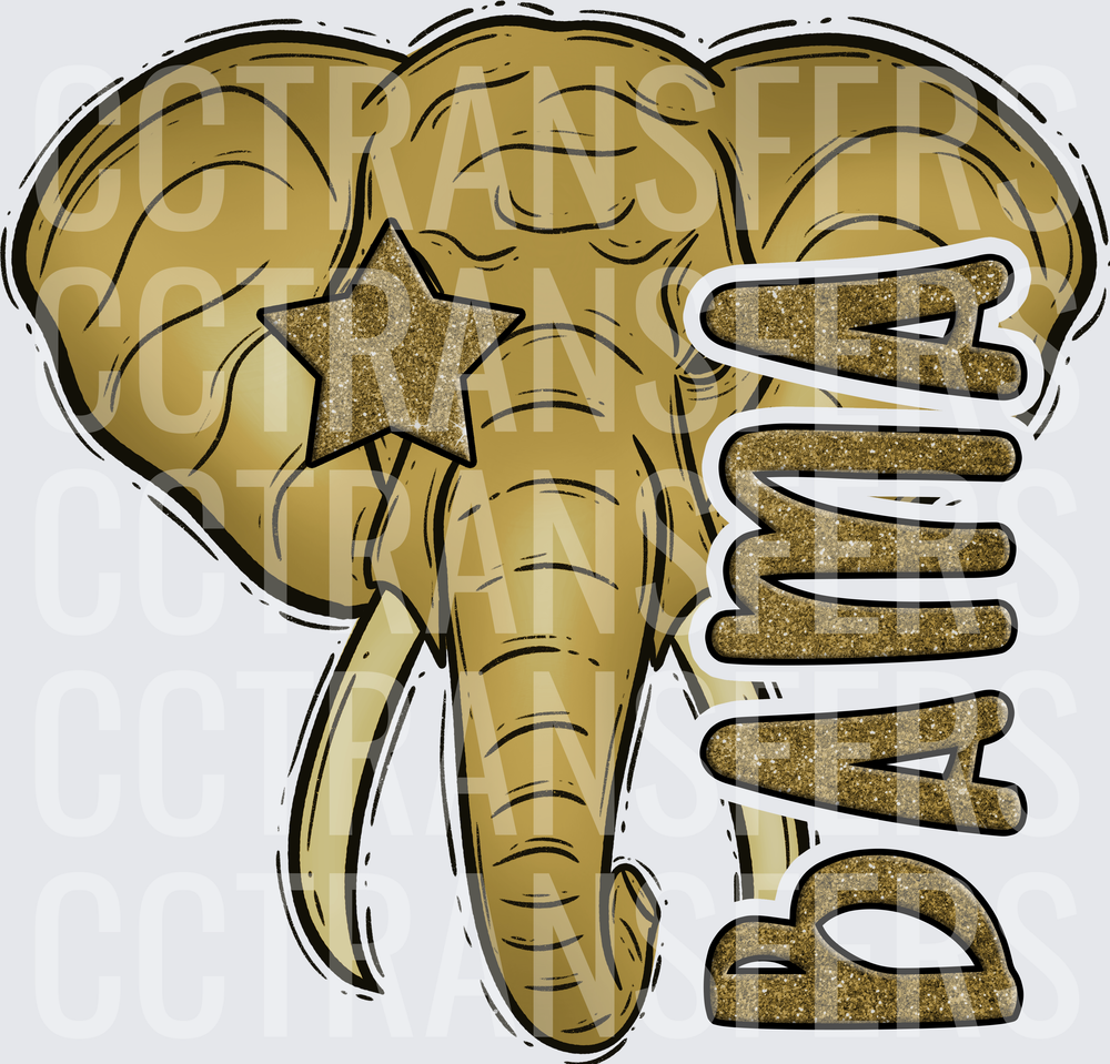 Gold Glitter Elephant Head with Star Bama (DTF)