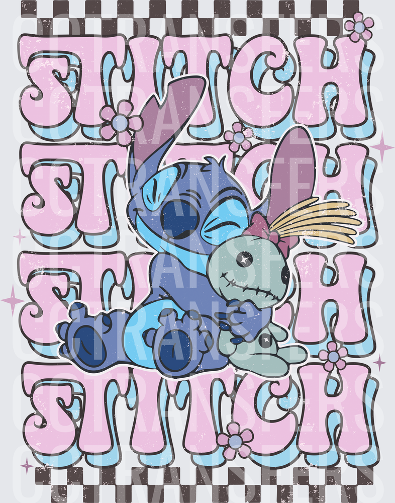 Stitch Retro Groovy Bubble Letter Blue Alien With Doll DTF
