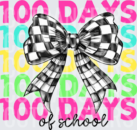 100 Days of School Checkered Bow Colorful Stacked Text (DTF)
