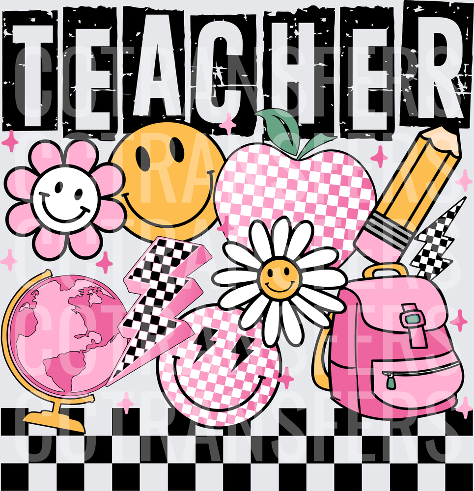 Teacher Retro Pink Checker Smiley Floral School Icons (DTF)