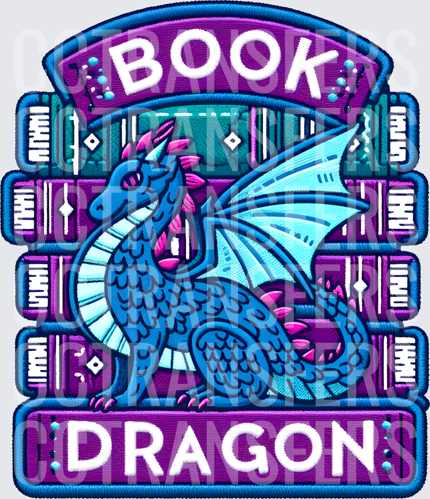 Book Dragon Embroidery Style Patch Blue Dragon (DTF)