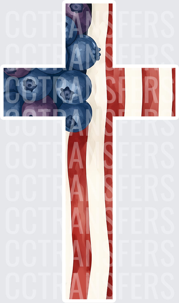 Patriotic Cross Blueberries Red White Stripes Watercolor (DTF)
