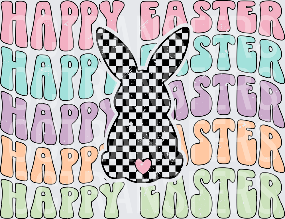 Happy Easter Checkered Bunny With Heart Retro Stacked (DTF)
