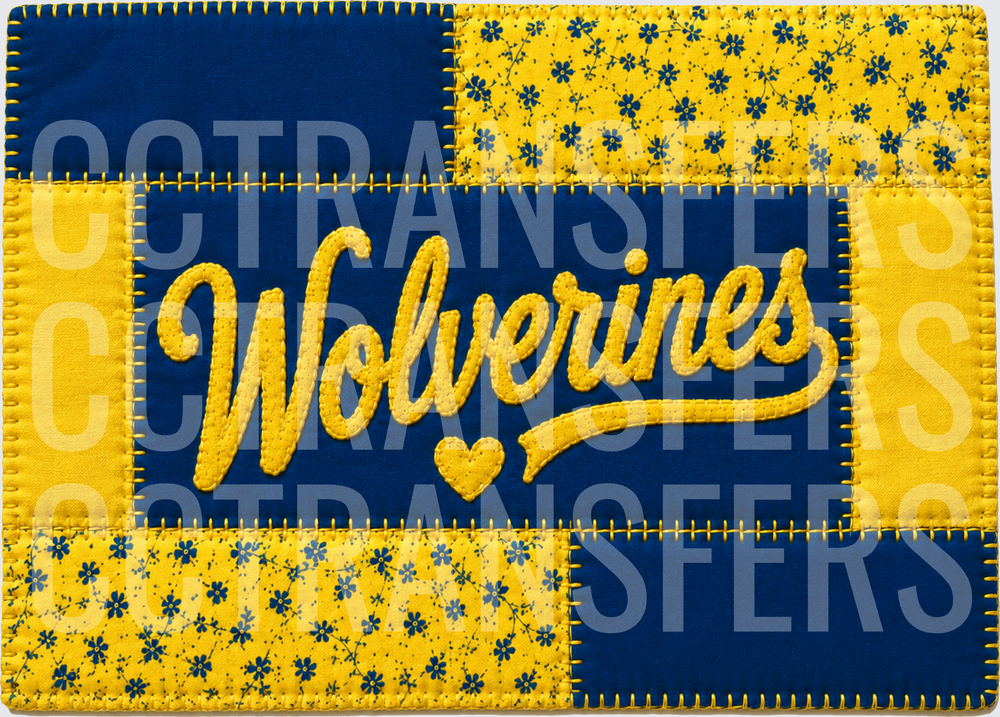 Wolverines Script Patchwork Quilt Blue Gold Heart (DTF)