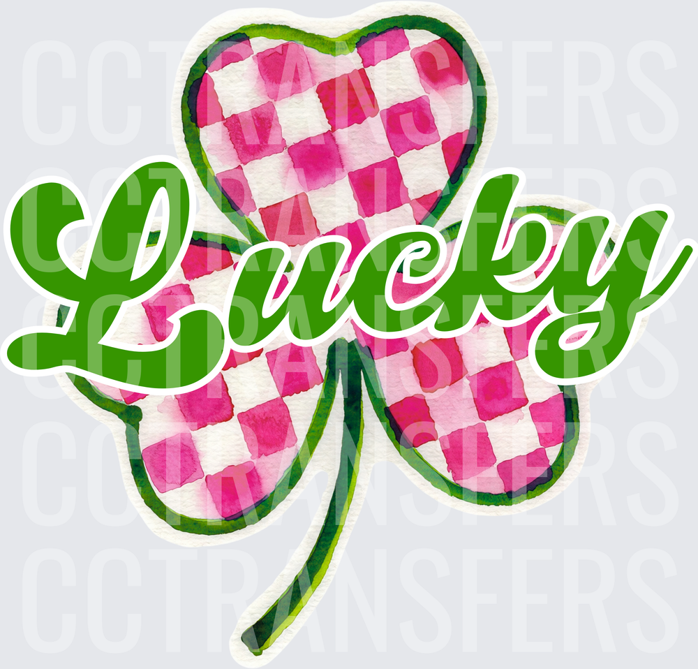 Lucky Pink Checkered Shamrock Watercolor Clover (DTF)
