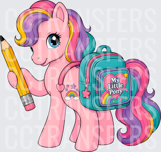 Pink Pony Holding Pencil With Teal Backpack Back To School (DTF)