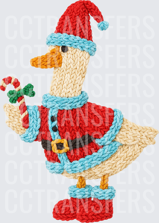 Knitted Duck Santa Holding Candy Cane Holiday (DTF)