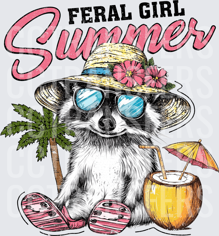 Feral Girl Summer Raccoon Straw Hat Sunglasses Coconut (DTF)