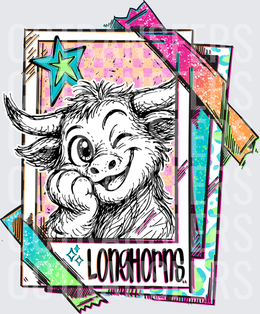 Retro Longhorns Cute Bull Winking Polaroid Card (DTF)
