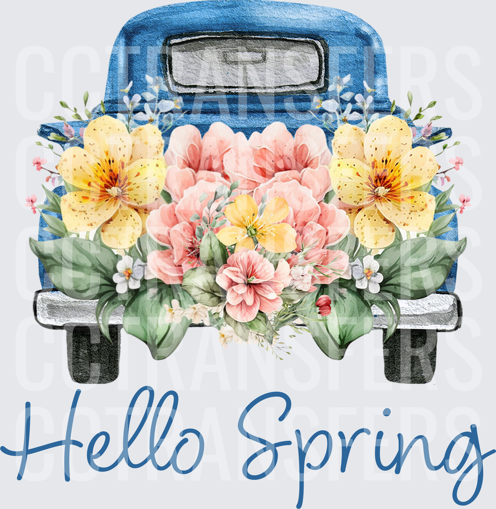Hello Spring Vintage Blue Truck Floral Bouquet (DTF)