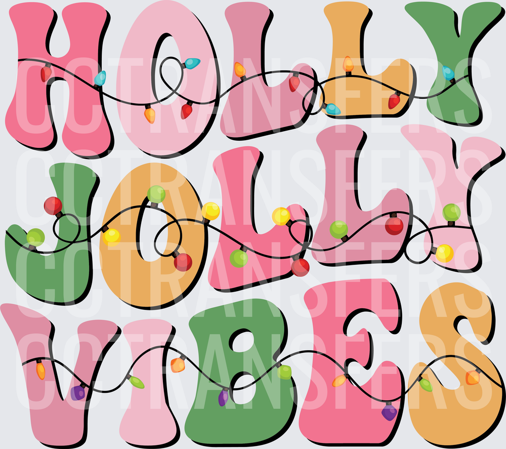 Holly Jolly Vibes Retro Groovy Christmas Lights Typography (DTF)
