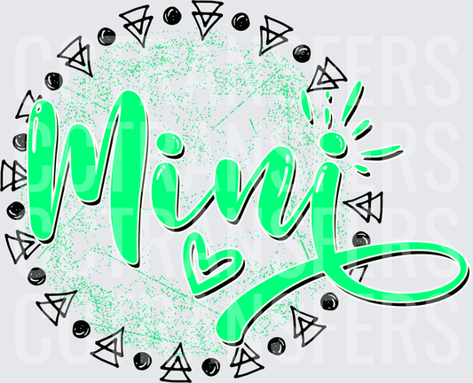 Mini Script Lettering Green Glitter Circle Triangle Border (DTF)