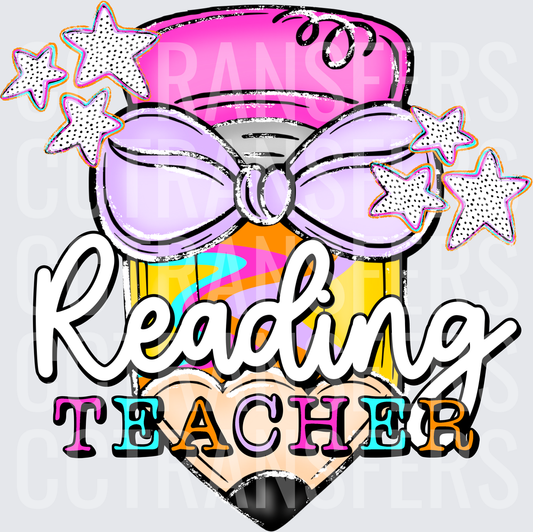 Reading Teacher Pencil with Bow and Stars DTF