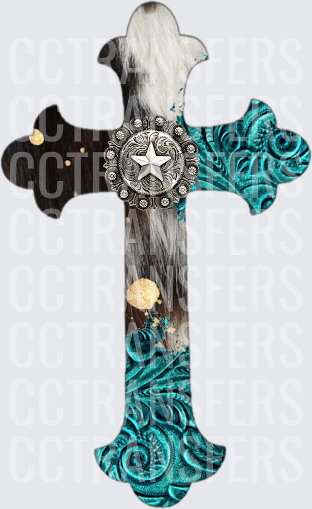 Western Cross Cowhide Turquoise Tooled Leather Star Concho (DTF)