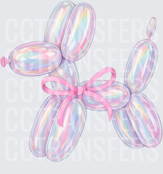 Pastel Iridescent Balloon Animal Dog with Pink Bow (DTF)